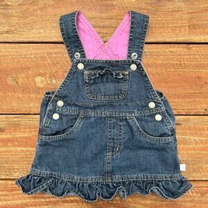 Baby Denim Overall Dress 3-6M Vintage Y2K Ruffle Hem Pink Lined Easter Outfit